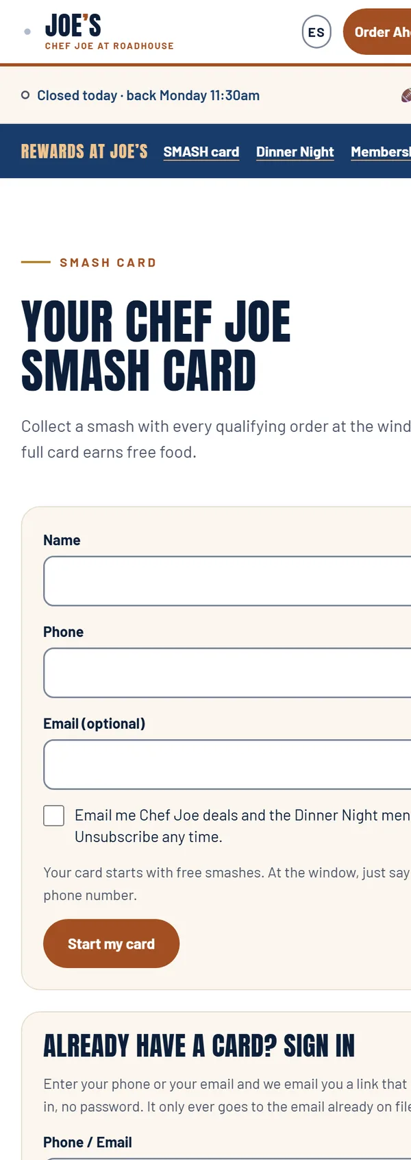 SMASH card sign-up page