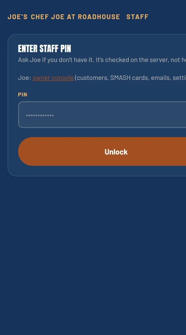 JOE'S Crew app PIN screen