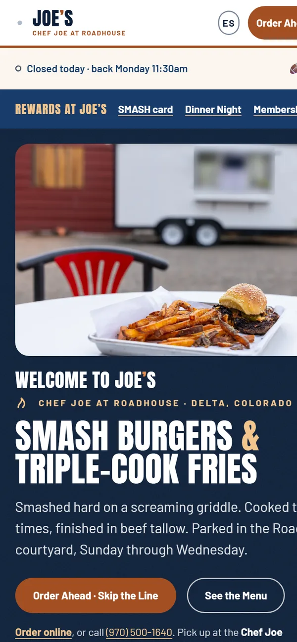 chefjoeroadhouse.com home page with the Rewards at Joe's banner