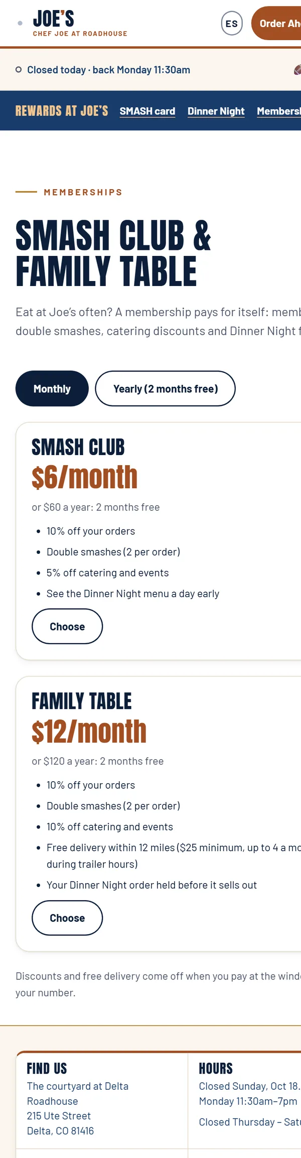 Memberships page with Smash Club and Family Table prices