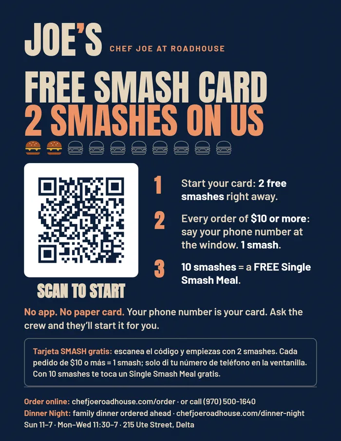 Window sign: Free SMASH card, 2 smashes on us, with a QR code
